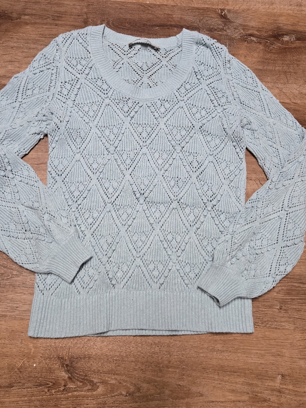 LOFT Pale Blue Openwork Crewneck Sweater Bishop Style Sleeves Small 100% Cotton